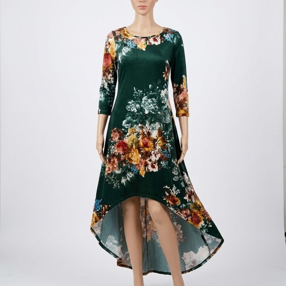 Bellamie Dresses & Skirts - Bellamie Forest Green Floral High-Low Dress 3/4 Sleeve Round Neck Party Gown